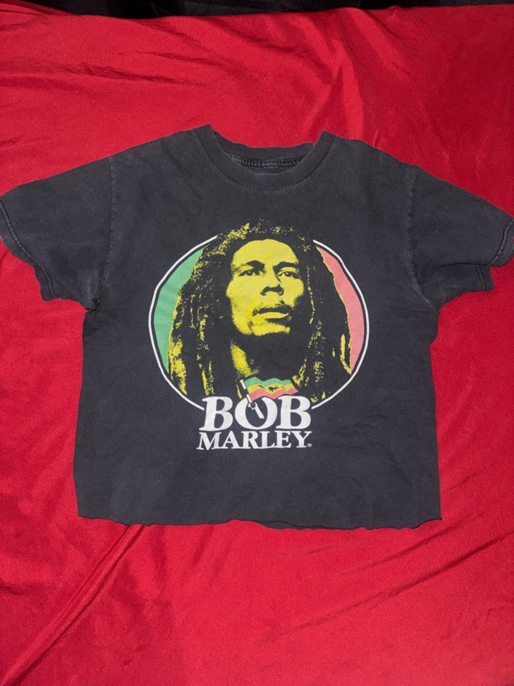 Zion Rootswear Black Bob Marley Graphic Crop Top with Yellow, Green, Red Print